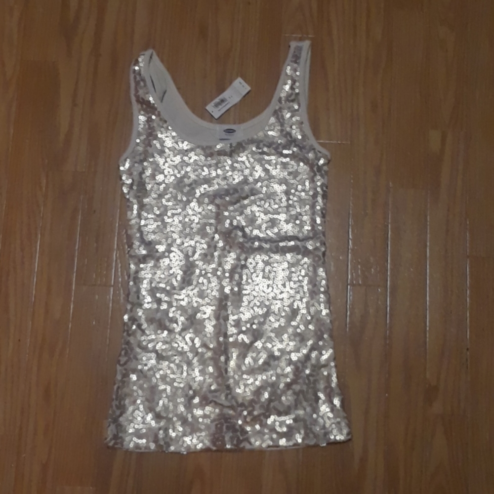 Cream colored Tank Top with Gold Sequence.